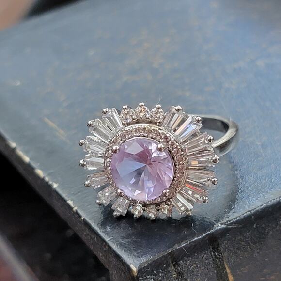 Rhodium Plated Simulated Pink Amethyst Ring - Size 7.5 - Radiant Sunburst Design - Picture 4 of 6